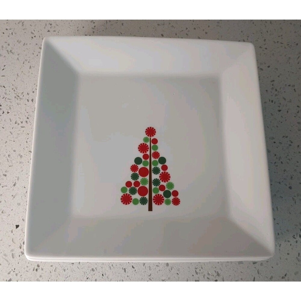 Katie Brown Square Lunch Salad Plates Christmas Tree Holiday Set Of 4 Red Green